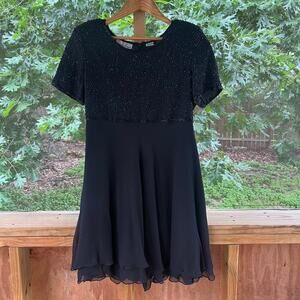 Laurence Kazar Vintage 100% Silk Black Beaded Mini Dress Size S